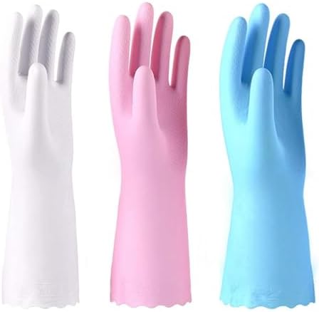 KingFinger Reusable Cleaning Gloves 3-Pair Set Blue White Pink