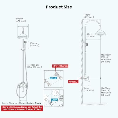 Gotonovo 8 Inch Antique Brass Wall Mount Shower System
