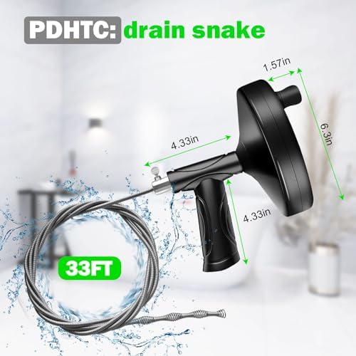 33 Ft Drain Snake Auger Heavy Duty Clog Remover with Gloves