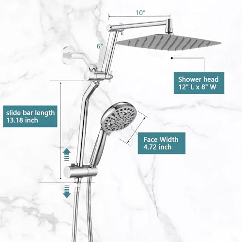 Upgrade Power with 12 x 8 Rectangle Rainfall Shower Head Handheld Combo