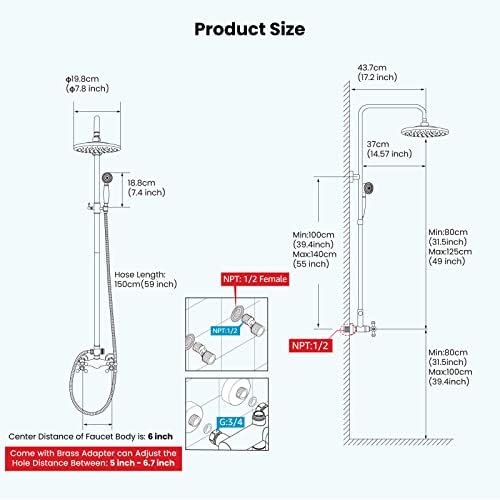 GotOnovo Gold-Runner Exposed Bathroom Faucet Set - 8 Adjustable 2 Function Spray Head