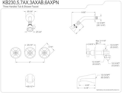 Kingston Brass KB235AX Tub Shower Faucet 5-Inch Spout Reach