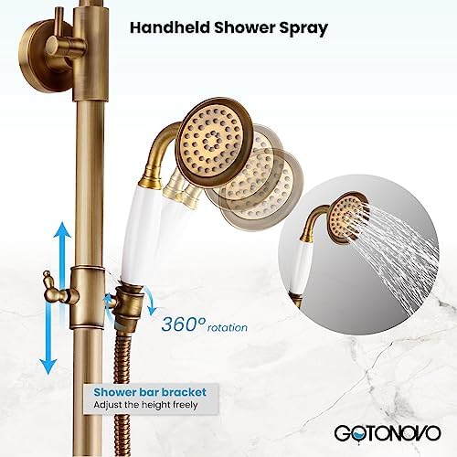 GotOnovo Exposed Bathroom Faucet Set 8 inch Rainfall Shower Head with Antique Brass