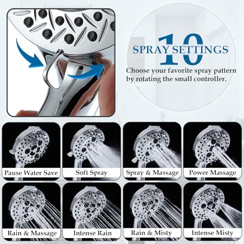 10 Settings Handheld Shower Head with High Pressure and 2 Power Modes