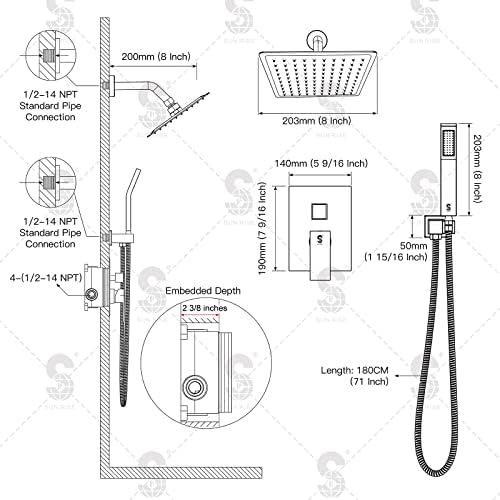 SR SUN RISE 8-Inch Rain shower system Brushed Gold