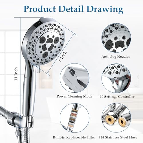 10 Settings Handheld Shower Head with High Pressure and 2 Power Modes