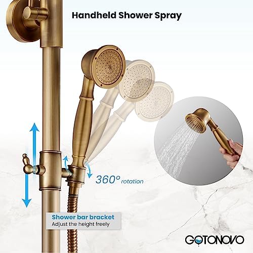 Gotonovo 8 Inch Round Shower Head with 3 Functions and Antique Brass Finish