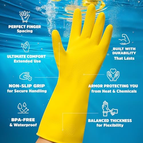 FOBLY Yellow Dish Gloves Reusable Cleaning Gloves for Large Hands