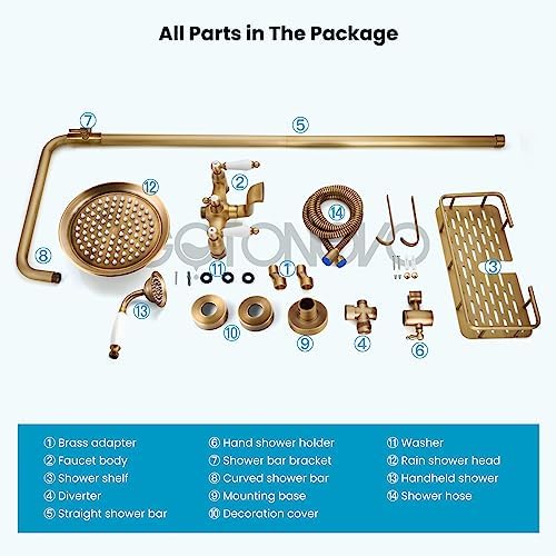 GotOnovo Exposed Bathroom Faucet Set 8 inch Rainfall Shower Head with Antique Brass