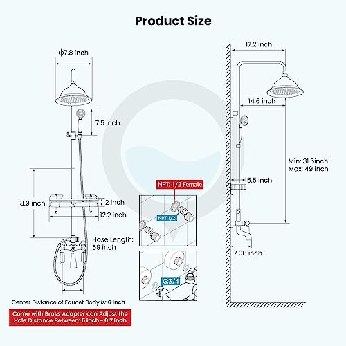 GotOnovo Exposed Bathroom Faucet Set 8 inch Rainfall Shower Head with Antique Brass