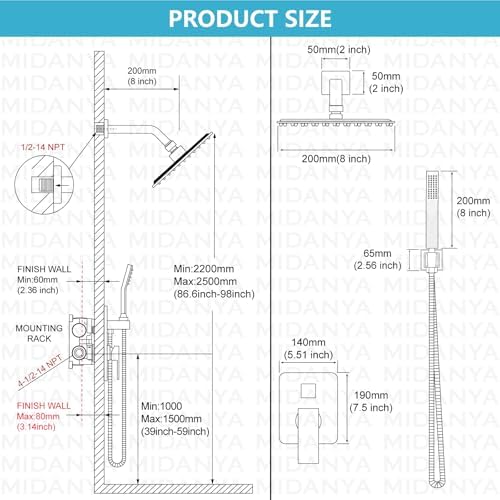 Midanya Rain Shower System Wall Mount for Bathroom