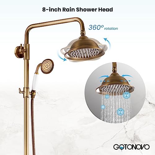GotOnovo Exposed Bathroom Faucet Set 8 inch Rainfall Shower Head with Antique Brass