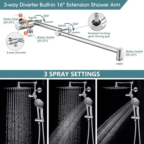 Upgrade Power with 12 x 8 Rectangle Rainfall Shower Head Handheld Combo