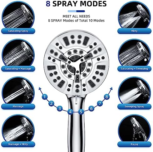 Wall-Mounted Chrome-Covered Round Shower Head with 10-Mode Anti-Clog Design