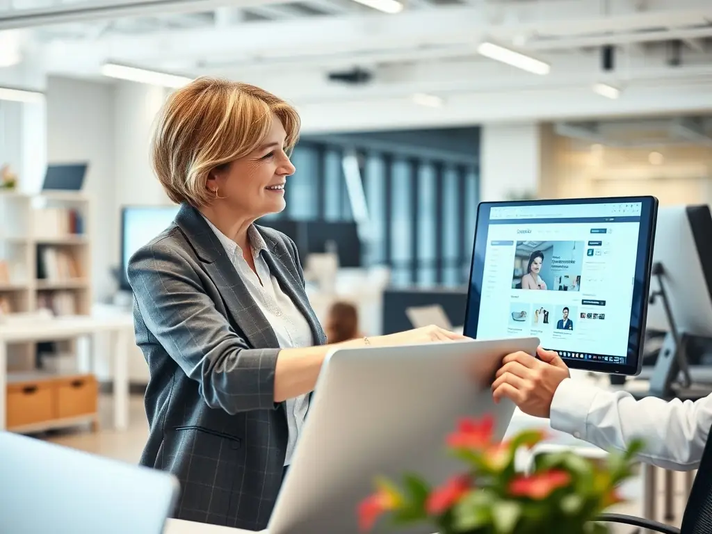 A consultant is presenting a digital transformation strategy to a client in a modern office setting, emphasizing the use of cloud technologies and data analytics.