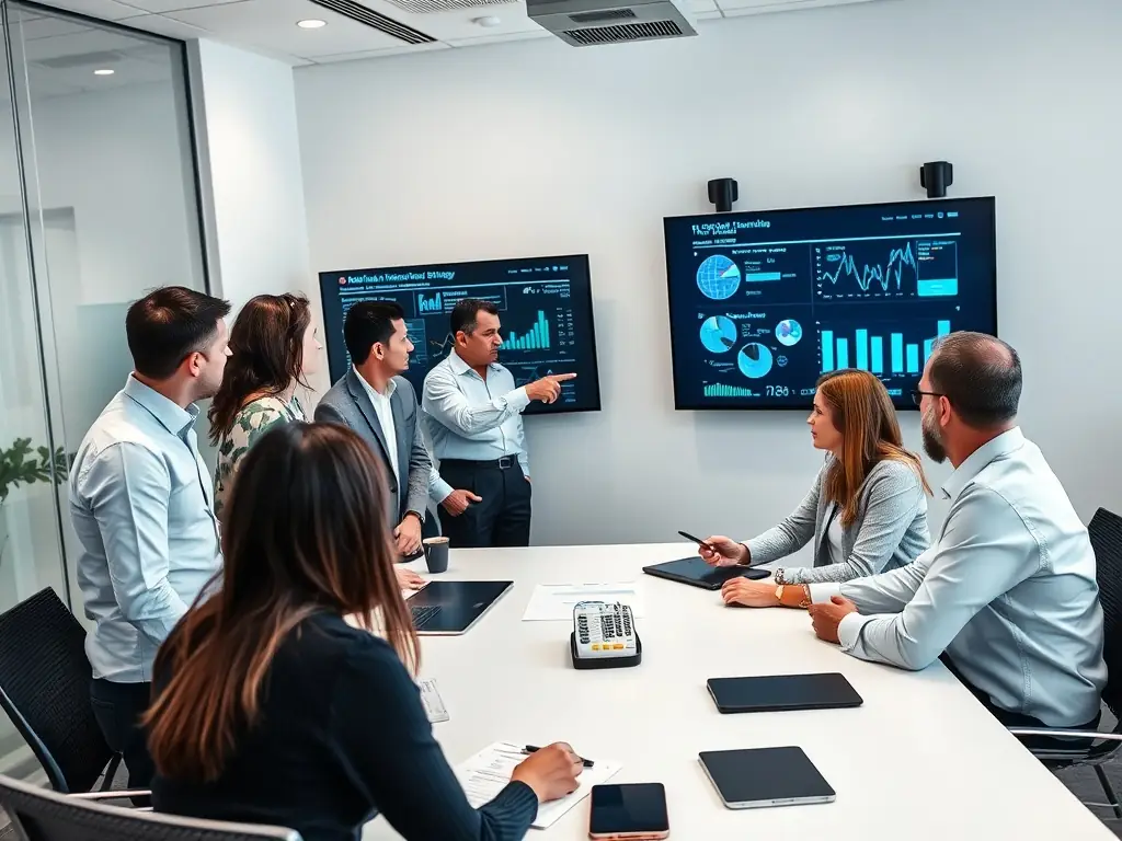 An image showcasing a team of consultants collaborating with a client on a digital transformation strategy, brainstorming ideas and analyzing data on a large screen.