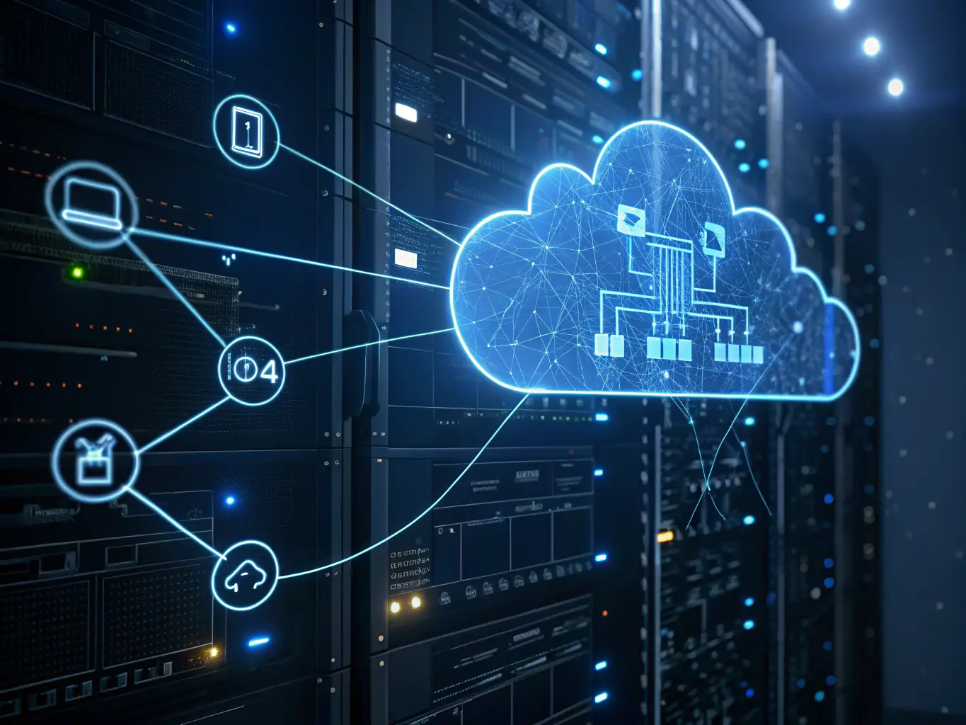 An image depicting a secure cloud environment with data flowing seamlessly between servers, representing cloud migration and data security.