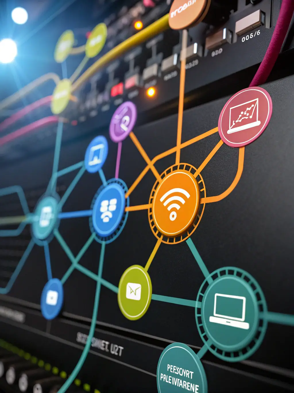 A graphic illustrating the integration of various digital technologies, such as AI, IoT, and blockchain, into a cohesive business ecosystem. The image should highlight innovation and connectivity.