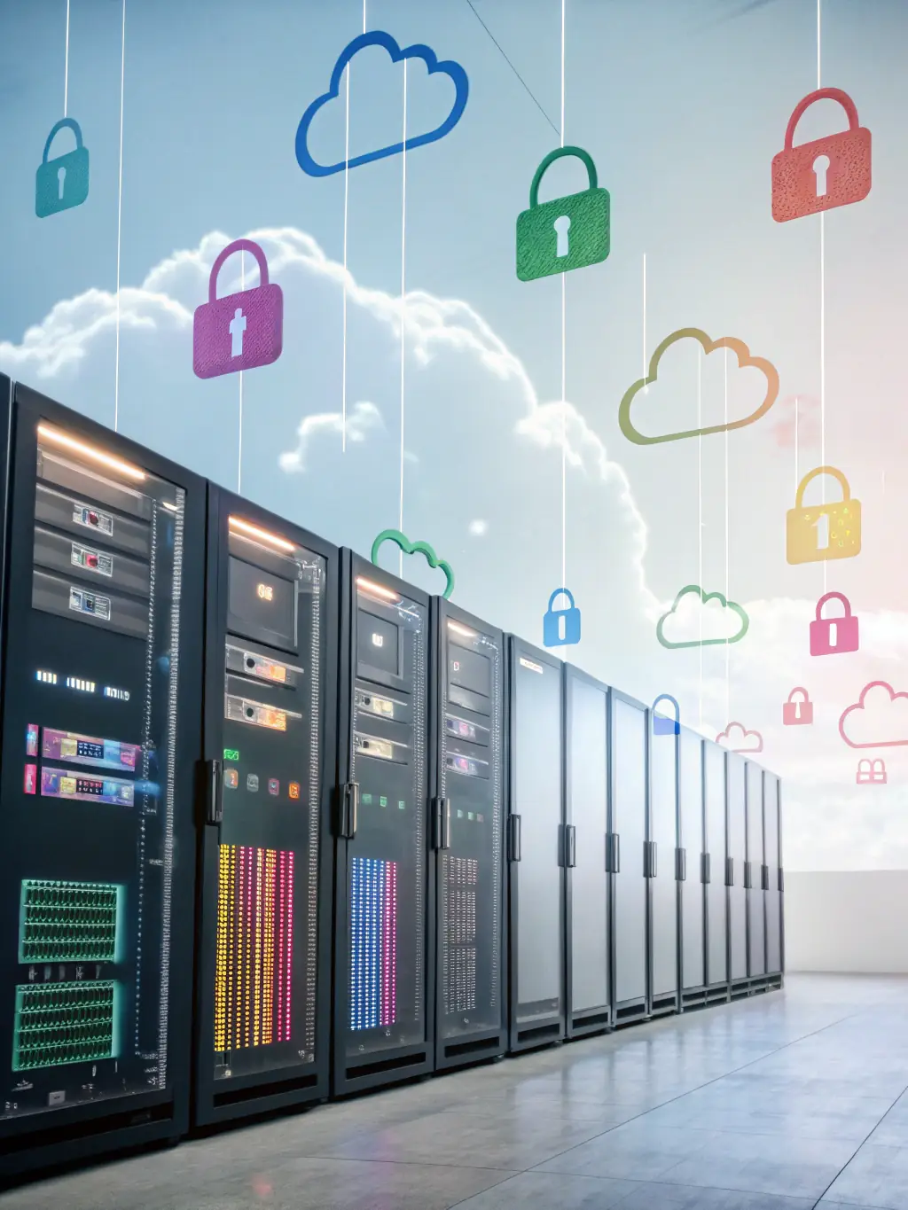 An image depicting a secure cloud data center with visual representations of data flow and cybersecurity measures. The image should emphasize data protection and efficiency.