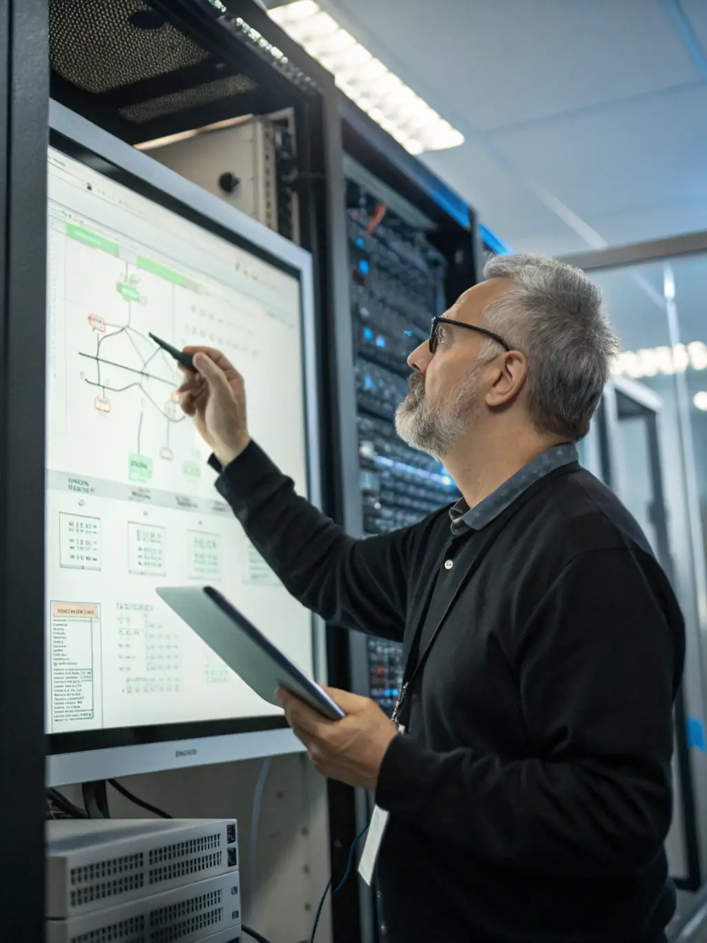 A cybersecurity expert is conducting a security audit on a company's network infrastructure, ensuring data protection and compliance.