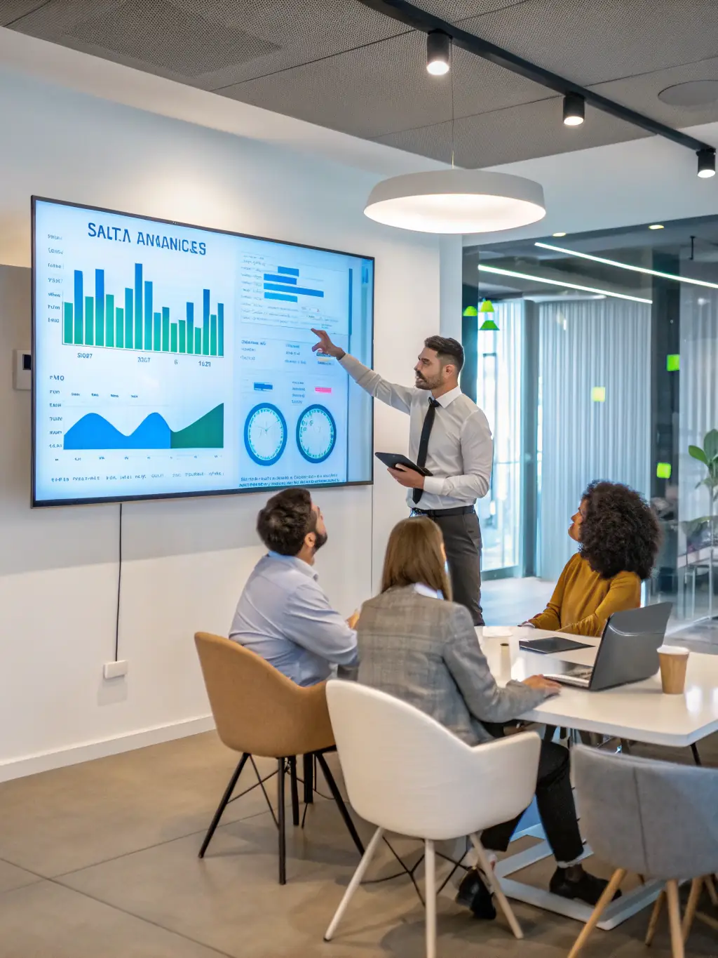 A data analyst is presenting insights from a data analytics dashboard, highlighting key performance indicators and trends.