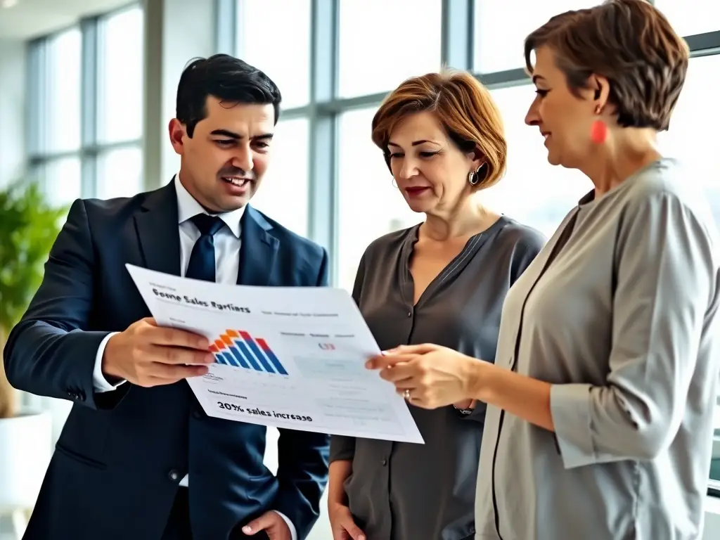 A consultant is presenting an e-commerce platform revamp strategy to a client in a modern office setting, emphasizing the use of cloud technologies and data analytics.
