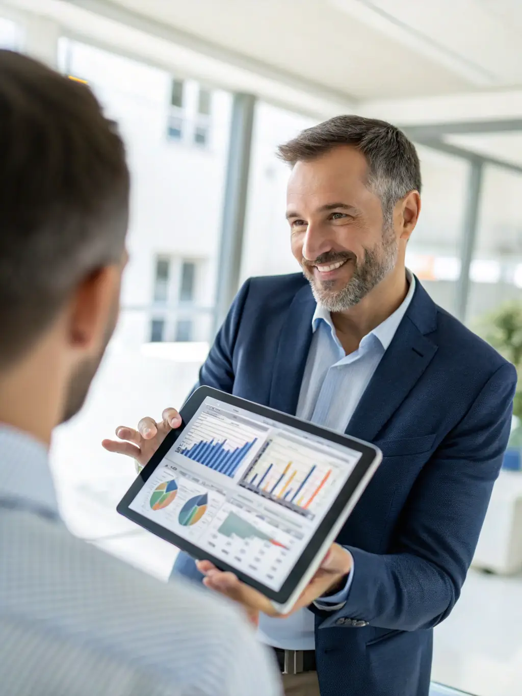 A professional consultant is presenting a digital transformation roadmap to a client in a modern office setting, emphasizing the strategic benefits.